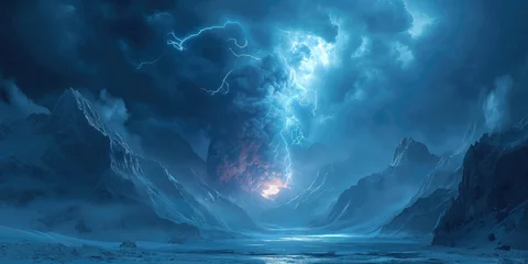 Cercles muraux Montagnes massive volcanic eruption with lightning striking a column of smoke in cold icy mountains
