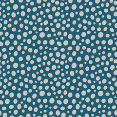 Simple vector seamless pattern with light circles on blue background. Abstract winter snow repeated design. Geometric round shapes ornament. Random dots texture for decoration, print, fabrics