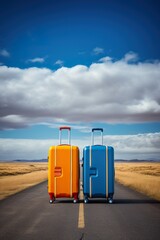 set of colorful baggage bags on highway, luggage cases and travel destinations wallpaper, road trip and journey concept