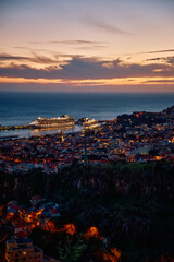 Sunset view from the hills of Madeira harbour in Portugal