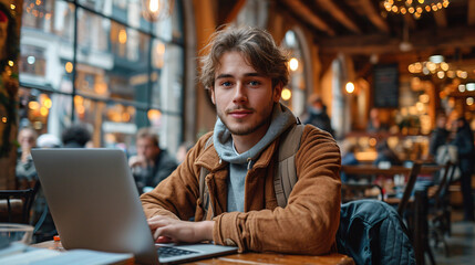 Young Man Working on Laptop in Coffee Shop