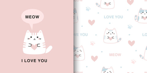 Cartoon and seamless pattern with cute cat. Valentine set background. Design for fabric, textile, wallpaper, wrapping, print design. Vector illustration