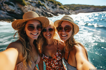 Beste Freundinnen machen ein Selfie im Urlaub - obrazy, fototapety, plakaty