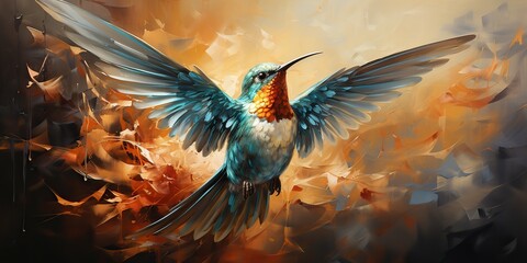 AI Generated. AI Generative. SMall little calibri hummingbird  bird fauna drawing painting sketch oil watercolor art decoration on color - obrazy, fototapety, plakaty