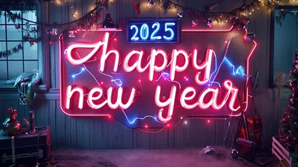 Fotobehang 2025, happy new year concept, pink Neon LIght, Lights, Pink, Blue, Night Celebration Banner, Isolated Background, Generative Ai © Naseem