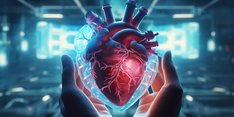 Medicine research of human heart, Human heart with cardiogram for medical heart health care background, Cloned human heart with wires connected to it, Heart organ ai generative

