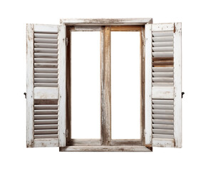 Old Retro White Wooden Window Shutters Isolated on White and PNG Transparent Background. Window Frame for Picture