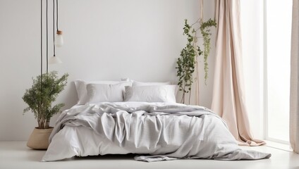 Fototapeta na wymiar Comfortable bed with white linen in modern bedroom. 3d rendering