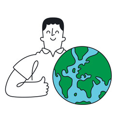 Happy Guy Embracing Earth. Environmental Care and Unity - Doodle style with an editable stroke.