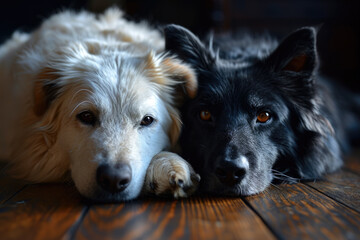 Schwarze und weißer Hund liegen zusammen auf dem Boden - obrazy, fototapety, plakaty