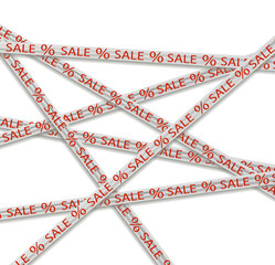 vector image of the white crossed tapes with the red text sale and percent with the shadow on the white background. shopping sales advertisement.