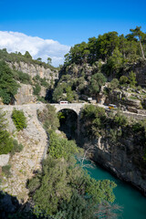 Transparent waters of Kopru River (Köprüçay, ancient Eurymedon) with its emerald green colour in Koprulu Canyon (Köprülü Kanyon) National Park, Antalya, Turkey. It's a rafting paradise