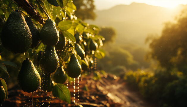 Recreation of avocados hanging in a tree a rainy day