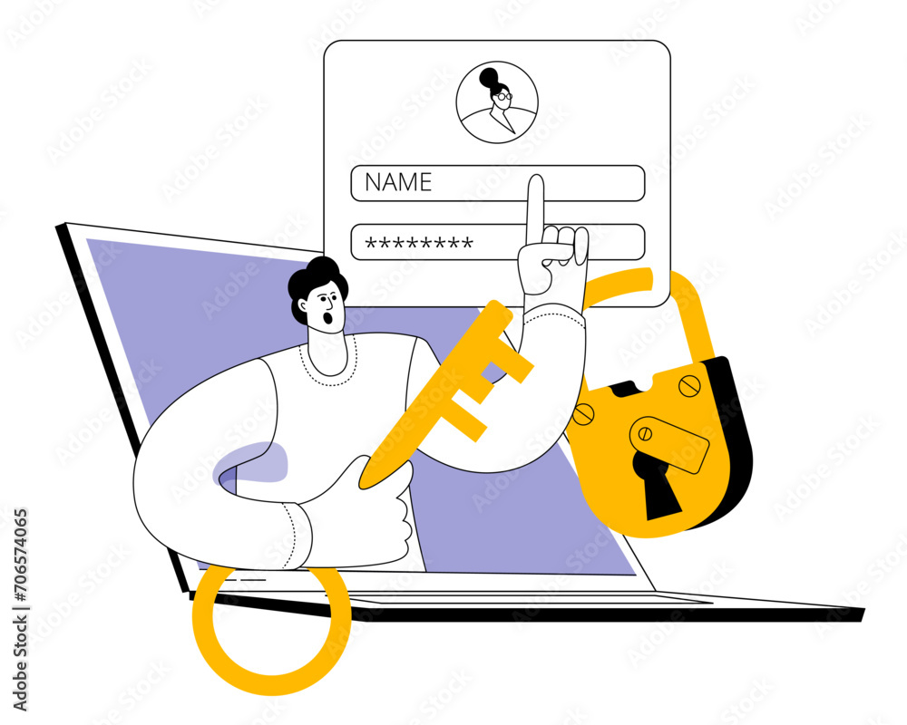 Aufkleber a person holds a virtual key. profile with personal data. vector illustration concept on profile sec