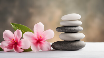 Fototapeta na wymiar Stack of spa massage stones with pink flowers wellness background