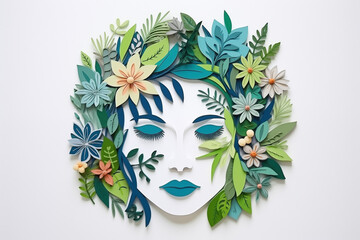 Papercut head with green leaves and flowers. Mental health, emotional wellness