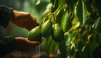 Recreation of farmer hands taking a avocado of a tre a rainy day	 - obrazy, fototapety, plakaty