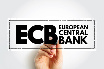 ECB European Central Bank - prime component of the Eurosystem and the European System of Central Banks, acronym concept stamp - obrazy, fototapety, plakaty