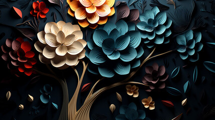 Elegant colorful 3d flowers with leaves on a tree. Illustration background