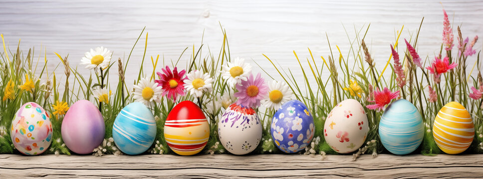 Bunte Ostereier, Banner f&uuml;r Ostern, Eiersuche an Ostern mit bunten Farben