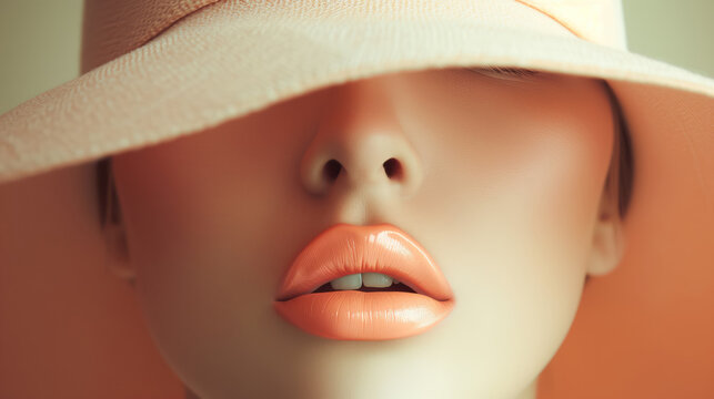 minimalist style woman with hat and pastel peach lips
