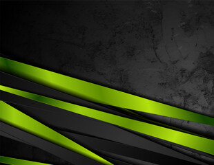 Black and bright green stripes on dark grey grunge background. Retro geometric vector design