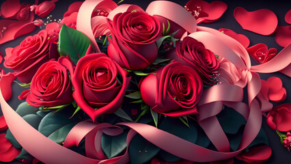 Valentine's Day illustration with a bouquet of beautiful, romantic, red roses 4K