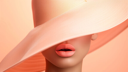 fashion model woman with peachy pastel hat and lips ,  close-up 
