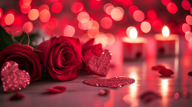 Velvety red roses with sparkling hearts and candles on the reflective surface create a romantic, warm atmosphere with soft bokeh lights. Valentine's day concept. AI generated.