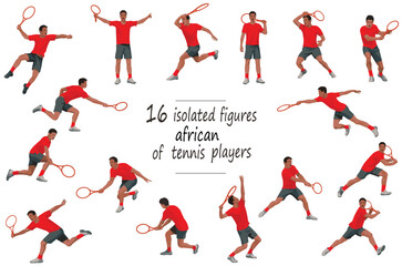 16 figures of an African tennis player in red T-shirt in motion: standing, running, rushing, jumping, throwing the ball, catching the ball