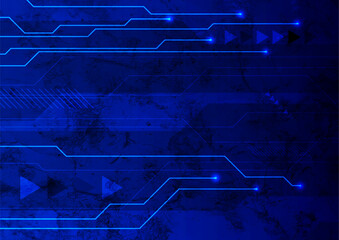 Blue neon circuit board technology grunge background. Geometric retro abstract design
