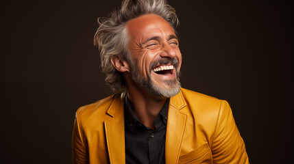 Portrait of a mature gray-haired man laughing joyfully in a yellow suit. Generative AI