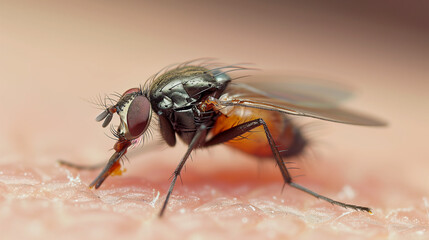 Fototapeta premium Macro Image of Parasitic Black Fly Feeding on Skin ,generated by IA