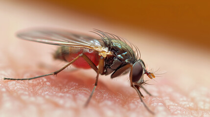 Obraz premium Scientific Sample: Black Fly Parasite Feeds on Human Host ,generated by IA