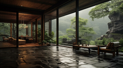 House apartment design with panoramic window, natural materials, stone, wood, granite, plants, minimalism. Generative AI