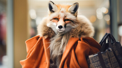 A fox in expensive clothes with bags in the store with shopping in the store