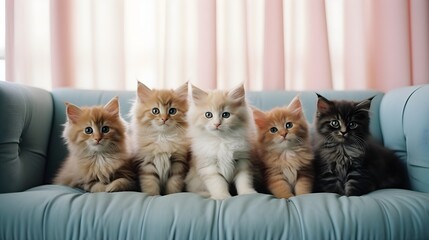 portrait photo of curious kittens on a row sitting on a couch generative ai