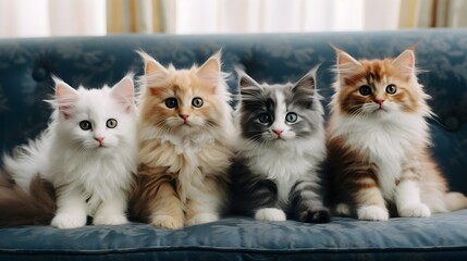 portrait photo of curious kittens on a row sitting on a couch generative ai