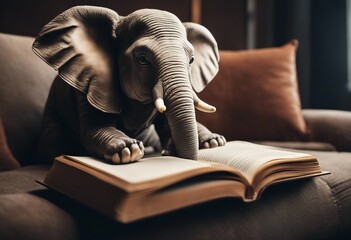 Elephant reading book on sofa learning and knowledge concept