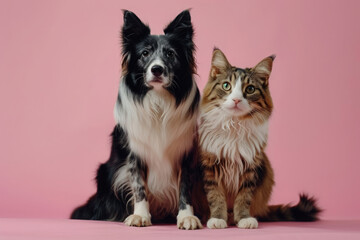 Dog and cat sitting together on pink background and looking at camera. Pets posing. Friendship between dog and cat.
