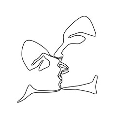Kissing couple line art, abstract drawing, man and woman kiss, faces abstract silhouette single line on a white background, tattoo and logo design, isolated vector illustration. 