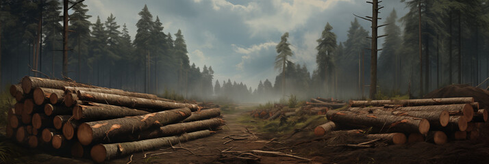 Holzstapel geschlagenes Holz im Wald, Waldarbeiter beim Holzschlag, Forstwirtschaft zum Umweltschutz - obrazy, fototapety, plakaty