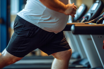 Fototapeta na wymiar Legs of overweight person run on treadmill in gym. Cardio exercises for burning calories. Sports training for weight loss