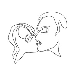 Kiss. Kissing couple continuous line drawing, man and woman kiss, faces abstract silhouette single line on a white background, tattoo and logo design, isolated vector illustration. 