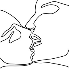 Man and woman kiss abstract print. Kissing couple continuous line drawing, faces abstract silhouette single line on a white background, tattoo and logo design, isolated vector illustration. 