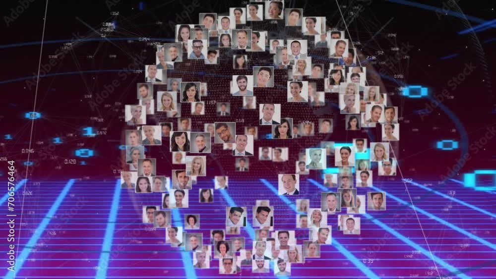Poster animation of network of connections with business people over binary coding