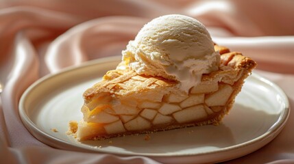 Food photography, apple pie slice with ice cream on top, cheese pull of the melting scoop on a luxurious silk tablecloth