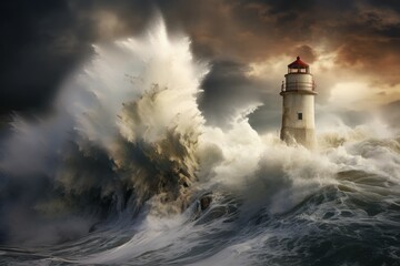 Fototapeta na wymiar Ominous Lighthouse storm winter. Ocean clouds. Generate Ai