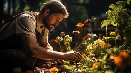 Portrait of a male gardener, florist. Generative AI - obrazy, fototapety, plakaty