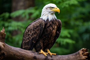 Obraz premium Bald eagle, Haliaeetus leucocephalus, isolated sitting on a wooden branch with nature background